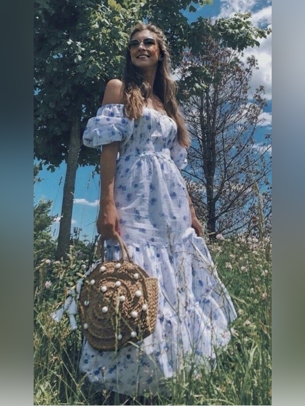 LoveShackFancy x Target Gemma Floral Cottagecore Maxi Dress XS Blue White